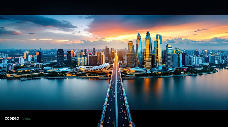 A cinematic editorial photograph showcasing the Singapore-Malaysia financial corridor through a dramatic aerial view of the J