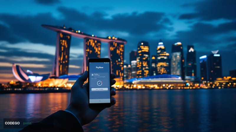 A cinematic editorial photograph of Singapore's Marina Bay Financial District skyline at dusk, featuring the iconic Marina Ba