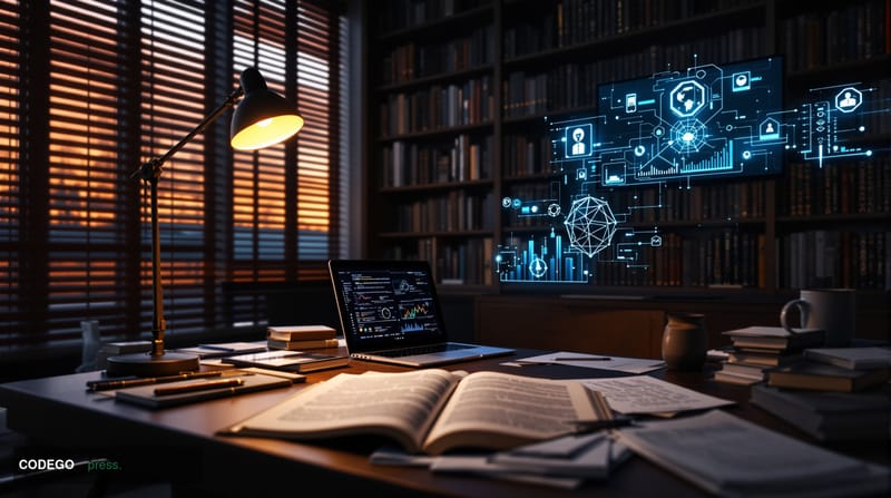 A dramatic photorealistic editorial photograph showing a modern author's study or home office with floor-to-ceiling bookshelv