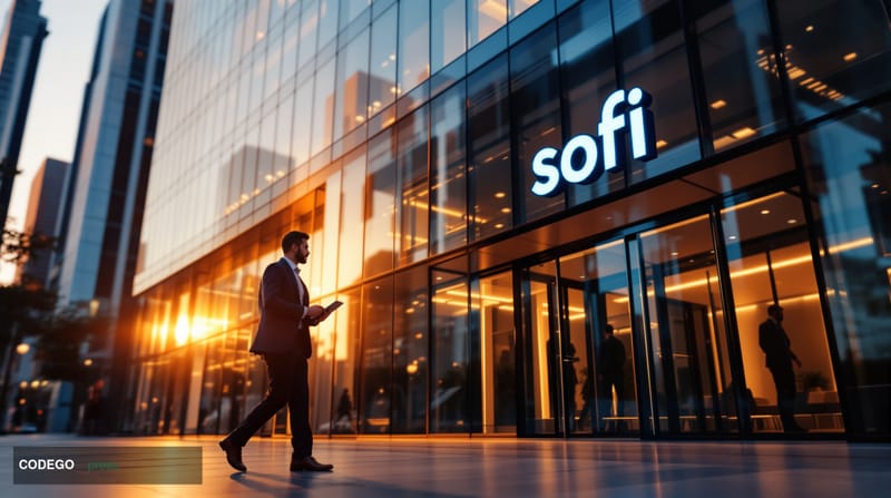 A cinematic editorial photograph showcasing SoFi's modern San Francisco headquarters building with its distinctive glass faca