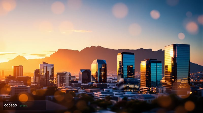 A dramatic editorial photograph of Cape Town's financial district skyline at golden hour, featuring the distinctive silhouett