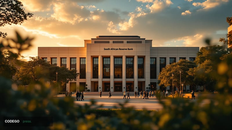 A cinematic editorial photograph capturing the South African Reserve Bank headquarters in Pretoria, showcasing the imposing m