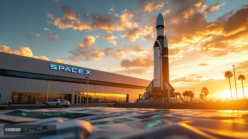 A dramatic cinematic photograph of the SpaceX headquarters complex in Hawthorne, California at golden hour, with the iconic F