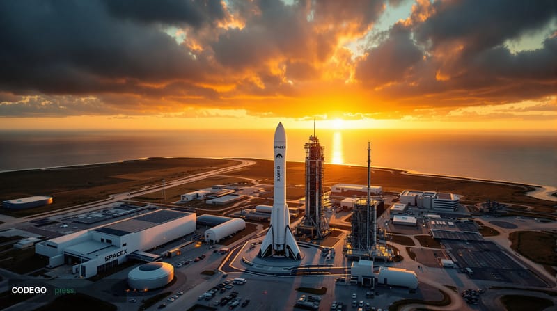 A dramatic aerial view of SpaceX's Starbase facility in Boca Chica, Texas, captured during golden hour with cinematic lightin