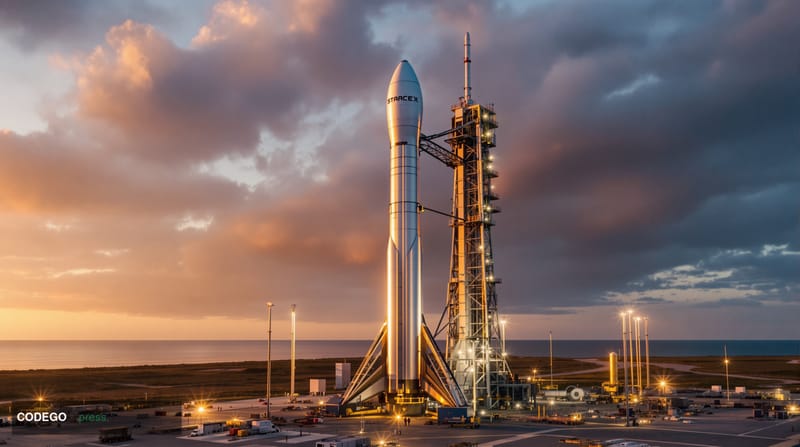 A cinematic aerial photograph of SpaceX's Starbase facility in Boca Chica, Texas, captured during golden hour with dramatic c