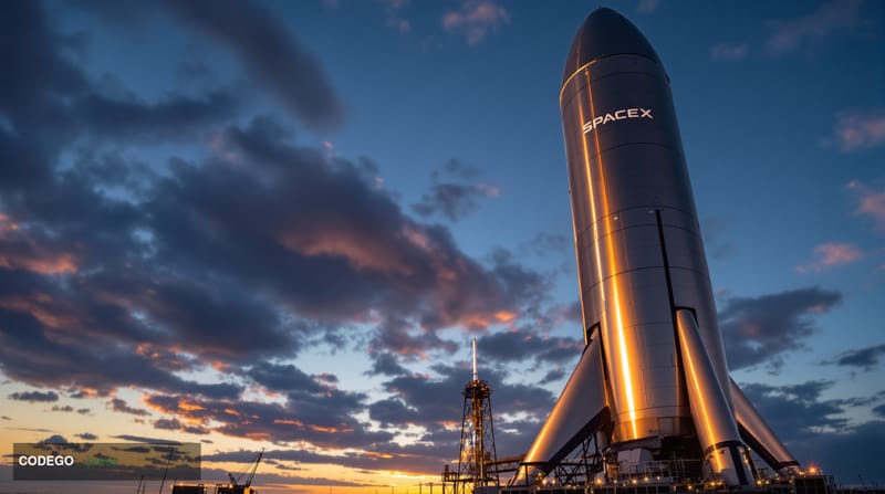 A dramatic cinematic photograph of SpaceX's Starbase facility in Boca Chica, Texas, captured during golden hour with the icon