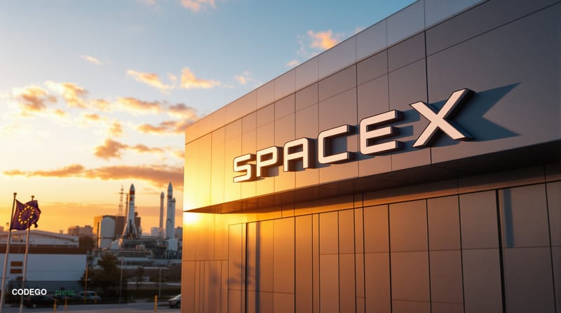A cinematic editorial photograph of SpaceX's Hawthorne headquarters exterior at golden hour, with the iconic SpaceX logo prom