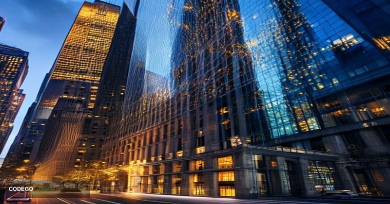 A cinematic editorial photograph capturing the intersection of traditional finance and blockchain technology, featuring the i
