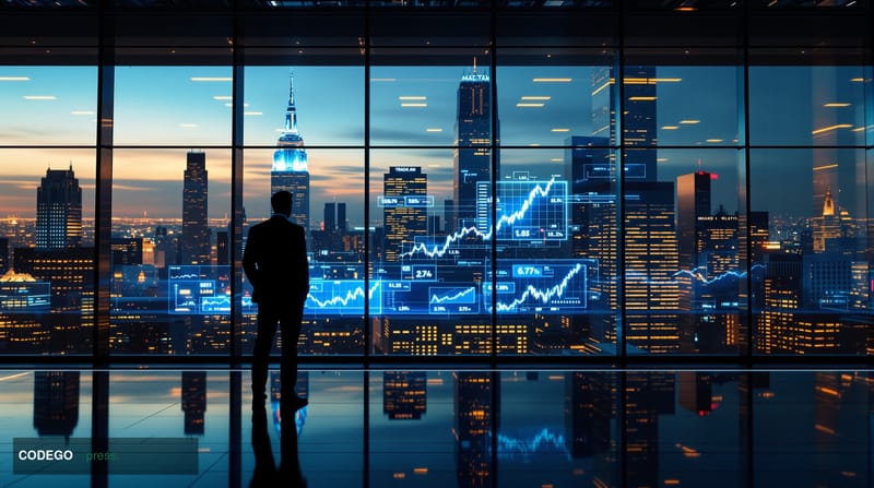 A cinematic editorial photograph capturing the tension between traditional finance and Bitcoin ideology. The scene shows a mo