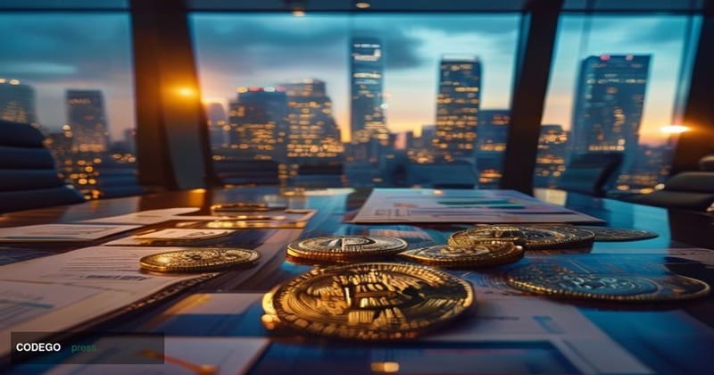 A cinematic editorial photograph showing a modern corporate boardroom with floor-to-ceiling windows overlooking a financial d