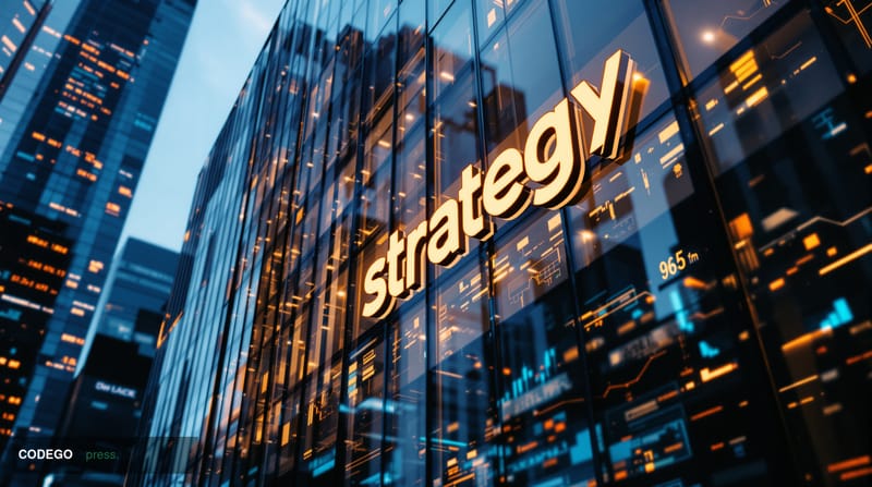 A photorealistic editorial photograph showing Strategy's modern corporate headquarters building in bright daylight, with the 