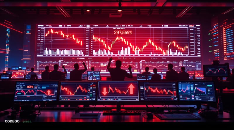 A dramatic financial trading floor scene photographed during market turmoil, showing multiple trading screens displaying red 
