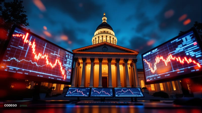 A dramatic photorealistic editorial photograph showing the Federal Reserve building in Washington D.C. during golden hour, wi