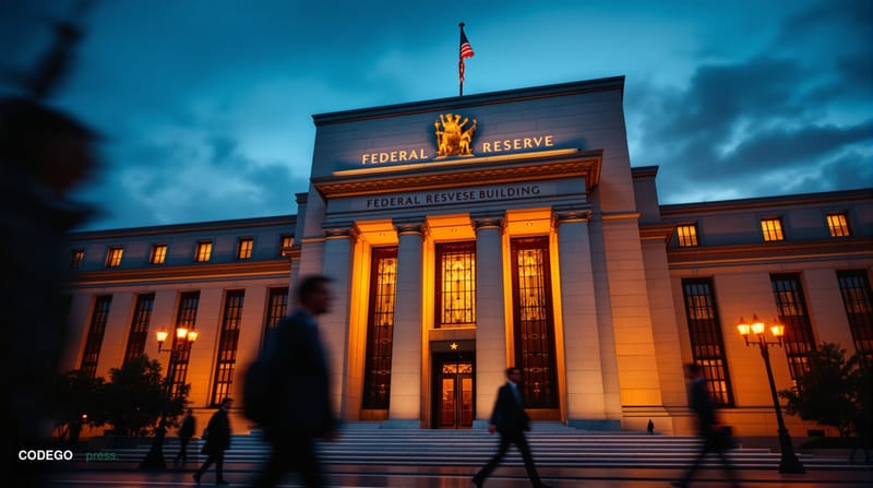 A cinematic editorial photograph of the Federal Reserve Building in Washington D.C., captured during golden hour with dramati