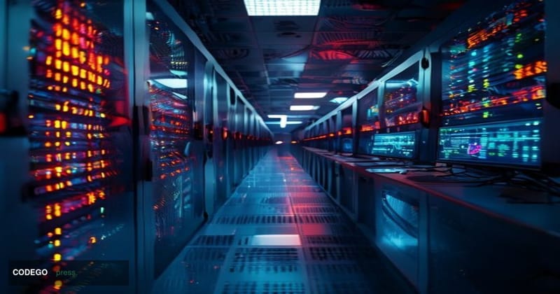A dramatic photorealistic editorial photograph of a high-tech blockchain data center during a system failure, shot from a low
