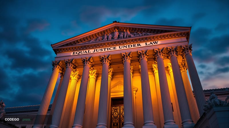 A dramatic cinematic photograph of the United States Supreme Court building in Washington D.C., captured during golden hour w