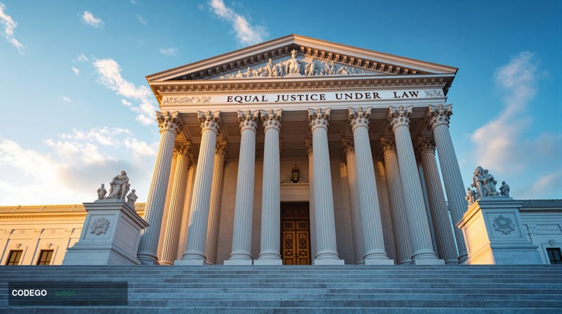A dramatic photorealistic editorial photograph of the United States Supreme Court building in Washington D.C., captured from 