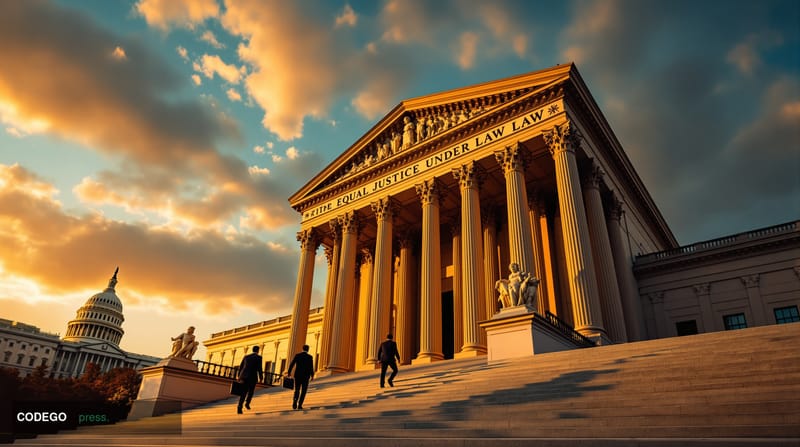 A dramatic photorealistic editorial photograph of the US Supreme Court building in Washington DC, captured during golden hour