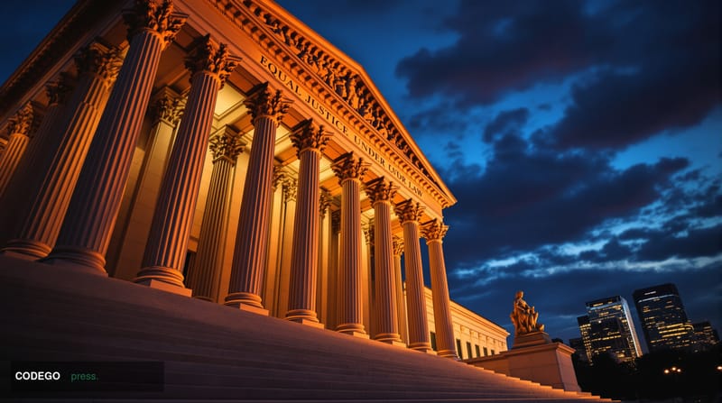 A dramatic photorealistic editorial photograph of the United States Supreme Court building in Washington D.C., captured durin