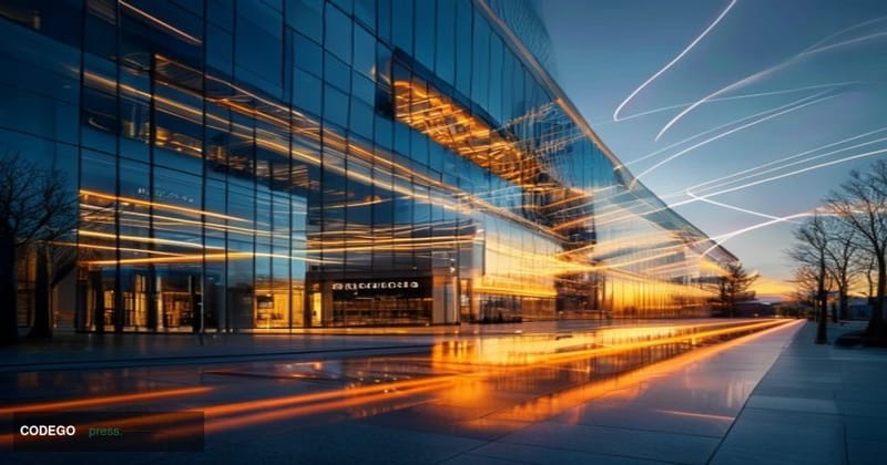 A cinematic editorial photograph capturing the Swift headquarters in La Hulpe, Belgium, shot from a low angle during golden h