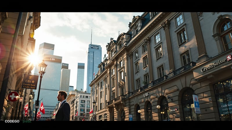 A cinematic editorial photograph of the iconic Swiss banking district in Zurich's Bahnhofstrasse, showcasing the imposing sto