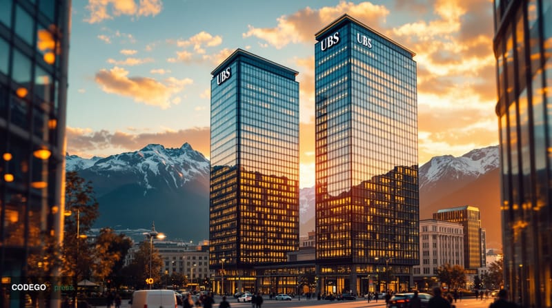 A cinematic editorial photograph showing the iconic UBS headquarters towers in Zurich's financial district during golden hour