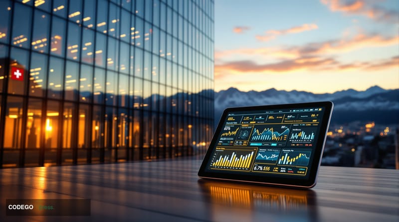 A photorealistic editorial photograph showcasing the Swiss financial landscape with findependent's achievement. The scene cap