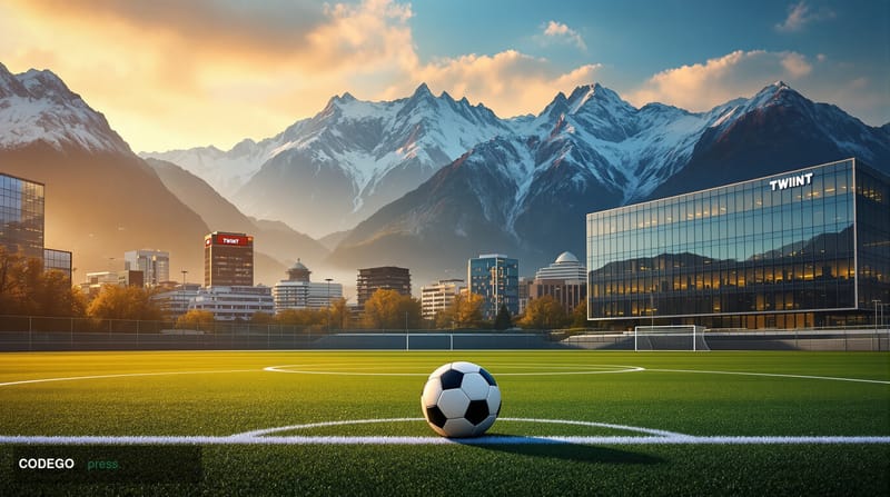 A photorealistic editorial photograph showcasing the intersection of Swiss fintech and football culture. The scene captures t