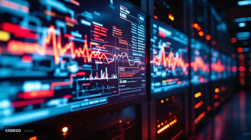 A photorealistic editorial photograph showing a dramatic close-up of multiple computer server screens displaying blockchain n