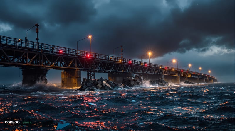 A dramatic photorealistic editorial photograph showing a massive industrial blockchain bridge structure partially submerged i