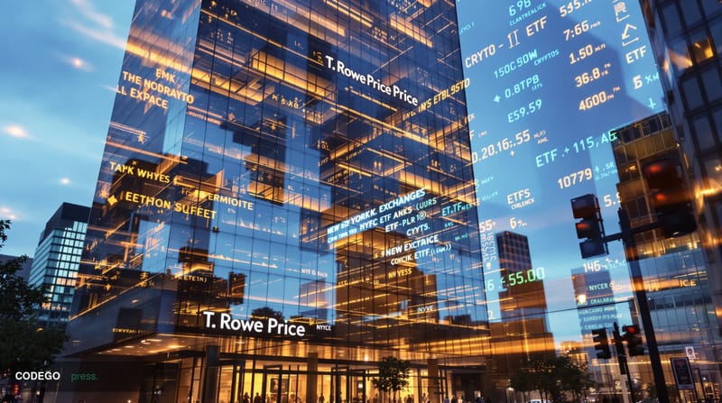 A photorealistic editorial photograph showcasing the T. Rowe Price headquarters in Baltimore, Maryland, with its distinctive 