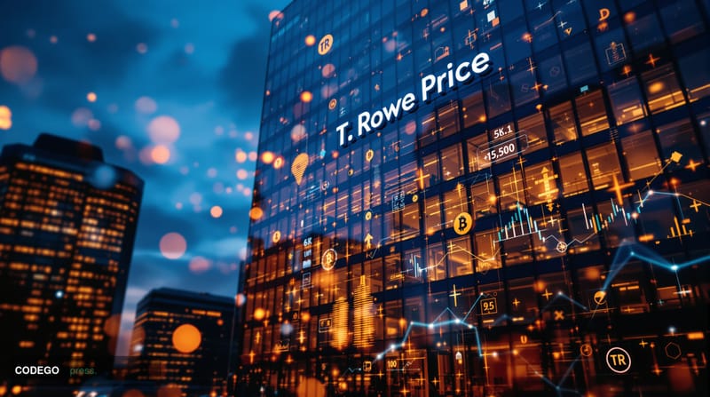 A cinematic editorial photograph of T. Rowe Price's distinctive Baltimore headquarters building at dusk, captured from a low 