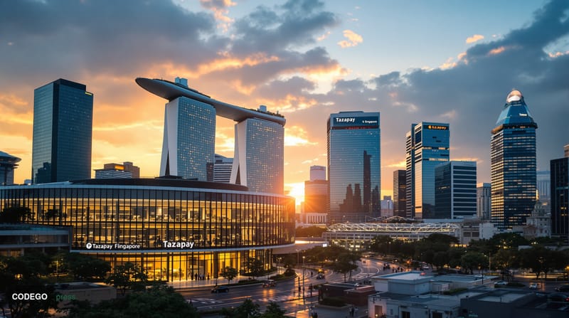 A cinematic editorial photograph of Singapore's modern financial district skyline at golden hour, with the iconic Marina Bay 