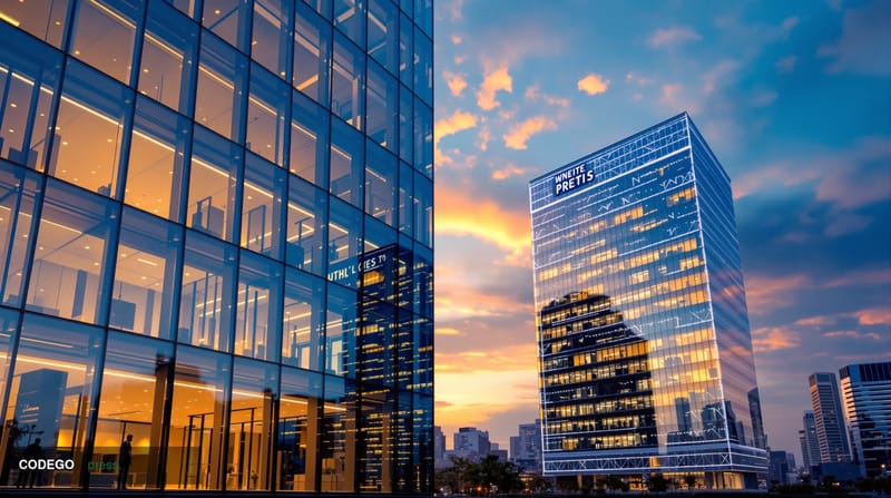 A dramatic wide-angle view of two modern fintech office buildings at golden hour, representing the TerraPay-PalWallet partner