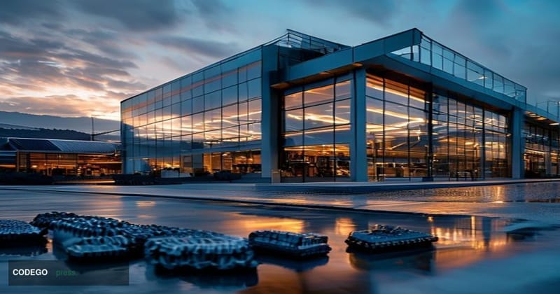 A photorealistic editorial photograph showing Tesla's Fremont factory exterior with its distinctive modern industrial archite