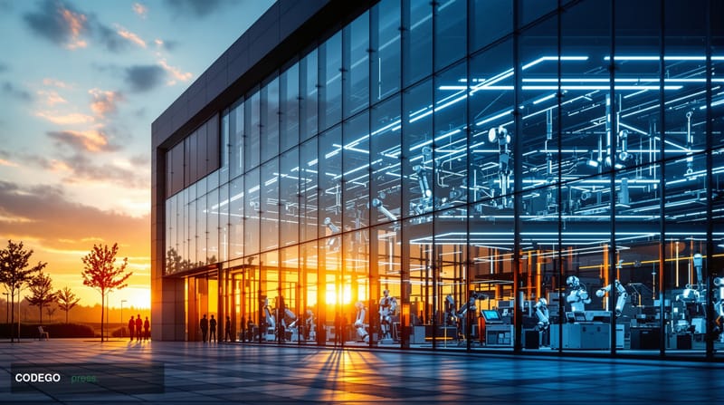 A cinematic editorial photograph showcasing NEURA's German headquarters or research facility, with sleek modern European arch