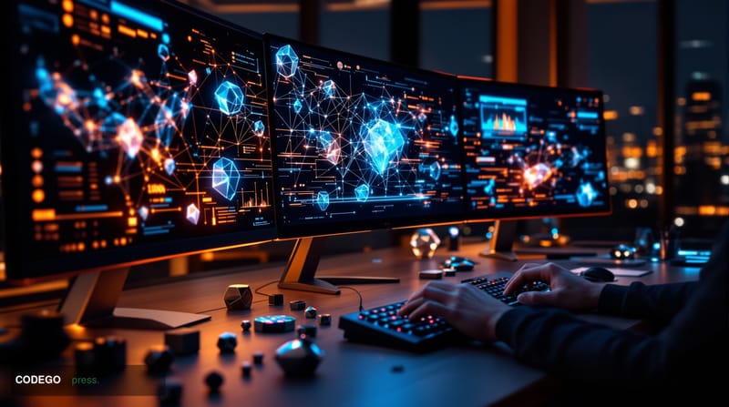 A dramatic photorealistic editorial photograph showing a sleek modern computer workstation displaying blockchain transaction 