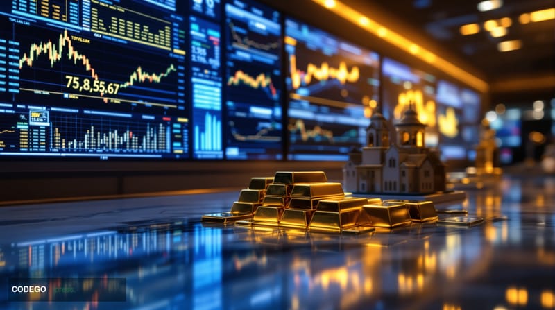 A cinematic editorial photograph showcasing the convergence of traditional finance and blockchain technology. The scene captu