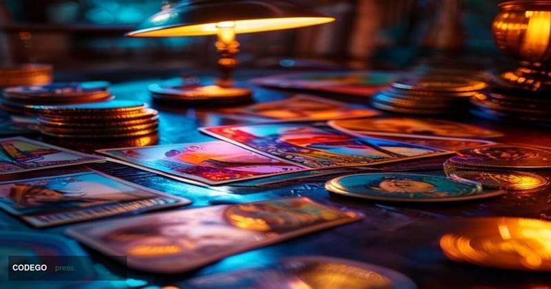 A cinematic editorial photograph showcasing vintage-style American trading cards scattered across a dark mahogany desk surfac