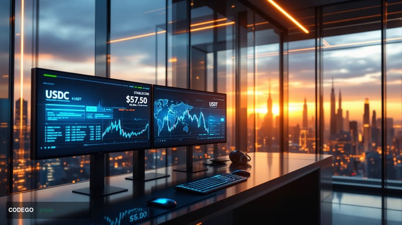 A photorealistic editorial photograph of a modern corporate payment processing center with multiple large 4K monitors display