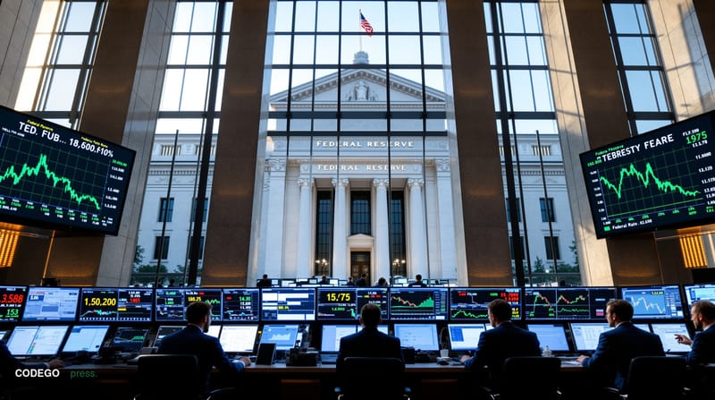 A sophisticated financial trading floor scene captured during an active trading session, with multiple large wall-mounted scr
