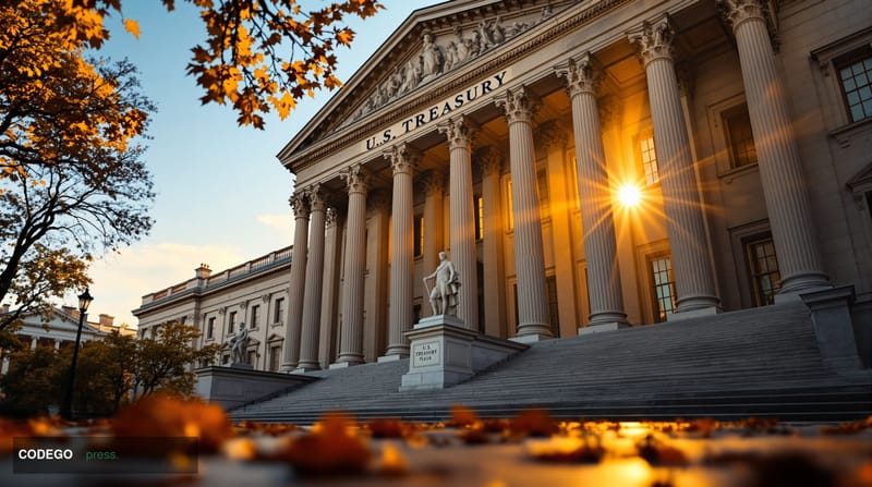 A cinematic editorial photograph of the imposing US Treasury Building in Washington DC, captured during golden hour with dram