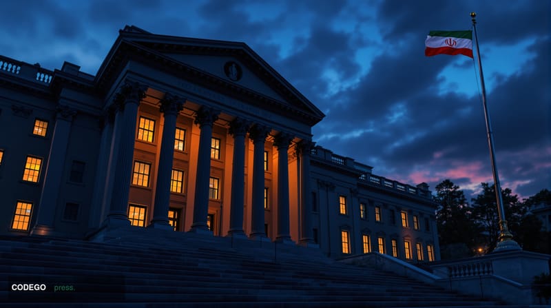 A dramatic photorealistic editorial photograph capturing the intersection of cryptocurrency technology and international sanc
