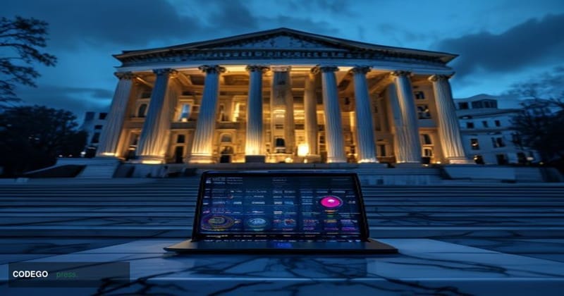 A dramatic editorial photograph of the imposing US Treasury Building in Washington DC at dusk, with its iconic neoclassical c
