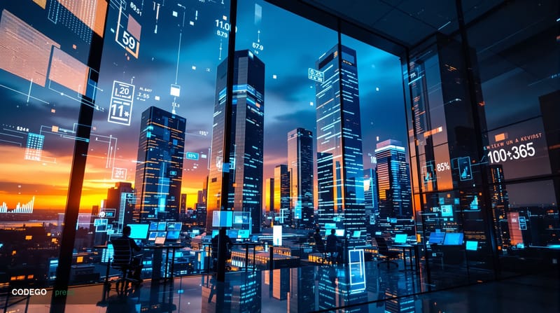 A cinematic editorial photograph showing the modern European financial district skyline at golden hour, with sleek glass bank