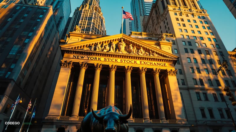 A cinematic editorial photograph of the iconic New York Stock Exchange building facade on Wall Street, captured during golden