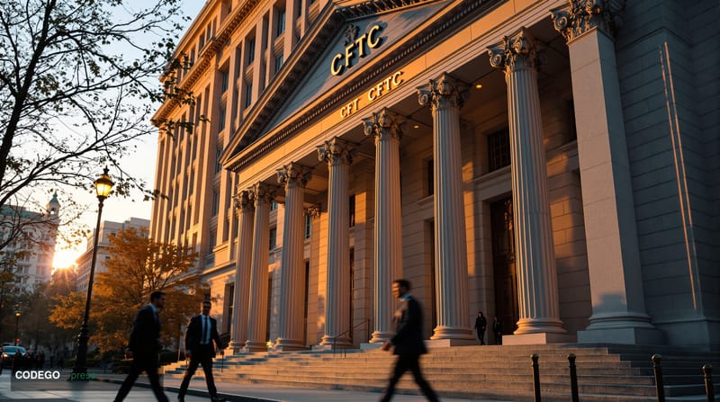 A cinematic editorial photograph showing the imposing neoclassical facade of the CFTC headquarters building in Washington D.C