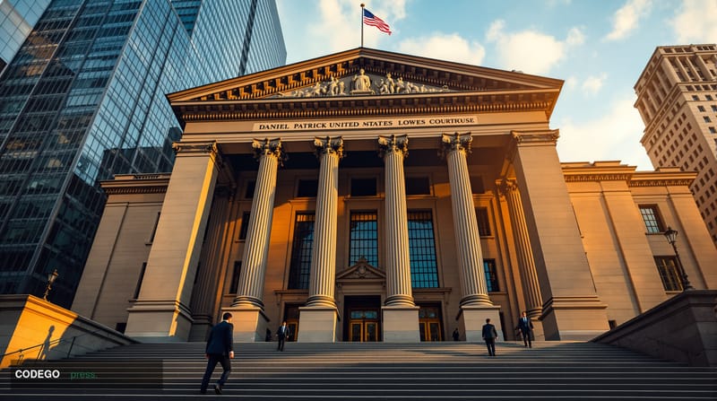 A dramatic photorealistic editorial photograph of the Daniel Patrick Moynihan United States Courthouse in Lower Manhattan, ho