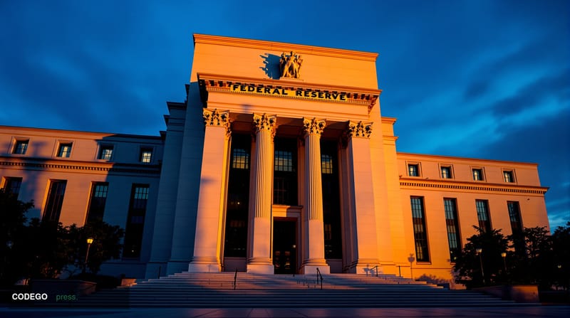 A dramatic wide-angle photograph of the imposing Federal Reserve Board building in Washington D.C. at golden hour, with warm 
