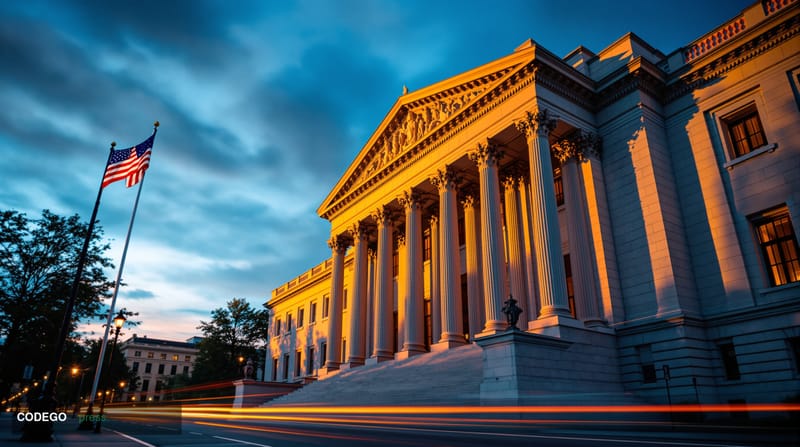 A dramatic editorial photograph of the iconic neoclassical facade of the Securities and Exchange Commission headquarters buil